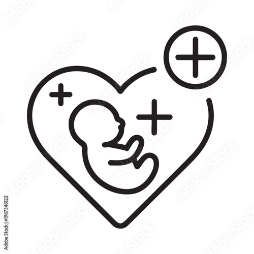 A line drawing depicts a fetus inside a heart with plus signs