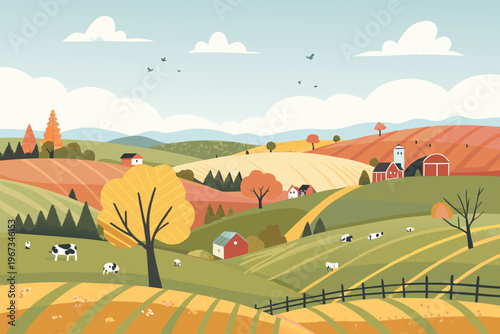 A vibrant stylized landscape depicts a peaceful rural farm scene