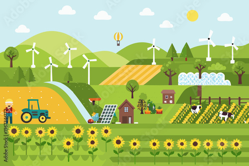 A vibrant countryside landscape with windmills sunflowers and a farm