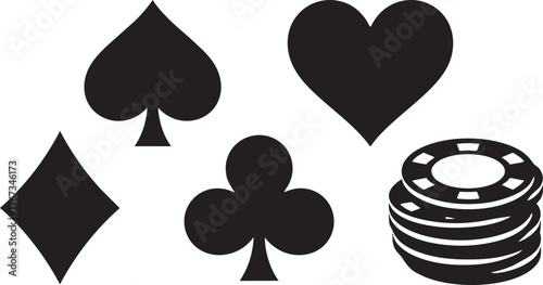 Black and white cartoon vector illustration of an abstract background featuring gambling casino card suit symbols like the ace of spades hearts diamonds and clubs for a playing game icon