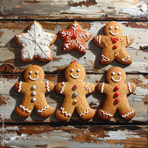 Colorful gingerbread cookies on rustic wooden surface