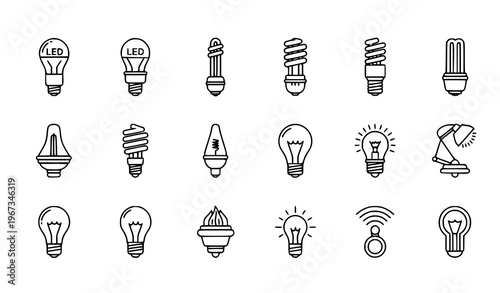 Lighting equipment outline icon set vector with LED bulb fluorescent tube CFL halogen and smart light symbols isolated on white