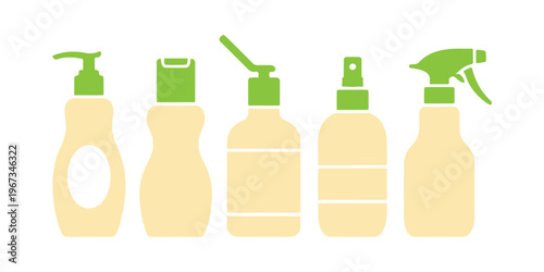 A group of throwaway bottles for women's hair and body care. Different bottles for women's hair and body care. Straightforward vector flat icons on a clean white background.