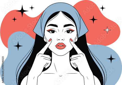 Beautiful young woman applying skincare treatment and facial massage wearing a blue headband with abstract colorful background