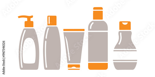 A collection of single-use bottles for women's hair and body care products. Various bottles designed for women's hair and body care. Basic vector flat icons against a white background.