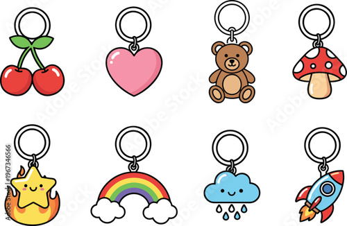 Vector set of ten cartoon keychain designs with colorful icons including cherry heart teddy bear mushroom and flame.