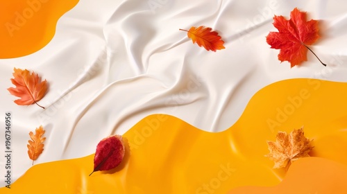 Colorful Leaves on a Smooth Fabric Background With Warm Orange and White Tone...