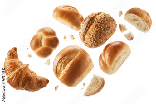 Various types of bread and rolls in mid-air buns croissants floating