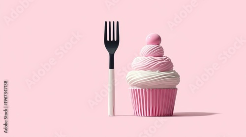 pink cupcake with swirled icing and pink ball sits beside black fork on pale pink background, ideal for bakery branding, dessert menus, feminine gifting