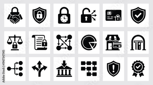 Collection of black security icons on for business and finance