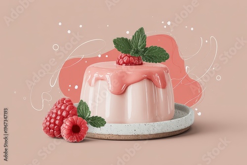 glossy pink dessert cake with dripping glaze on speckled ceramic plate, raspberries and mint leaves garnish, intended for bakery catalogs and social media campaigns