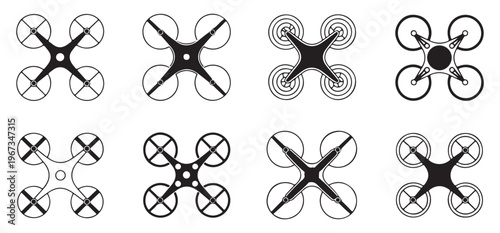 Set of black drone top view icons representing unmanned aerial vehicles for photography and surveillance use