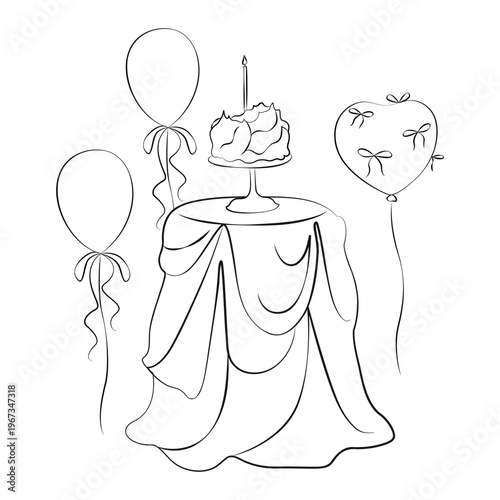 Hand-drawn birthday card template made of round banquet table, festive air balloons, bows and birthday cake in line art graphic 
