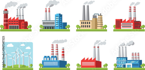 Industrial factories and power plants collection with wind turbines, manufacturing buildings, energy production facilities, flat vector illustration isolated on background