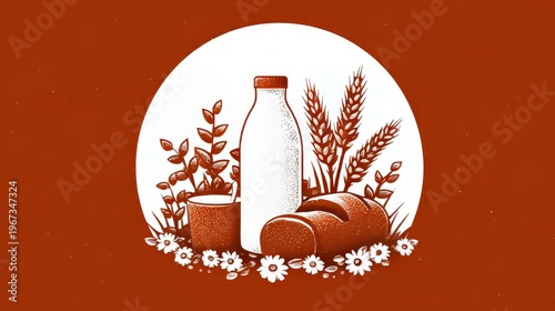 Minimal rustic food logo featuring bottle, loaf of bread, cup, plants, wheat stalks, flowers, white circular backdrop on red textured background for bakery cafe farm branding