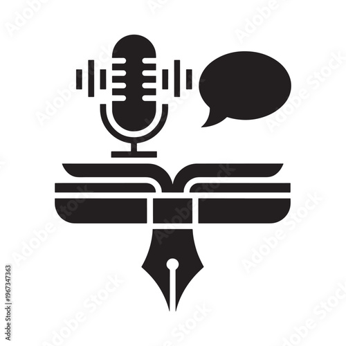A podcasting or audiobook symbol combining microphone speech bubble book and pen