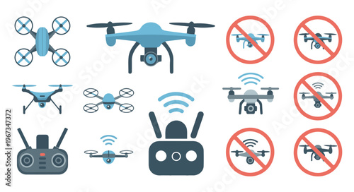 Drone and remote controller vector icons set flat style quadrocopter drone and rc symbol collection