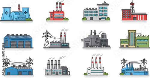 Industrial factories and power plants icons set with electricity transmission towers, manufacturing buildings, energy infrastructure collection, flat vector illustration isolated background