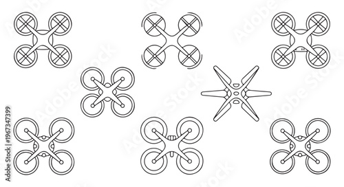 Quadrocopter drone vector illustration set with flying robot and remote control quadrocopter drone