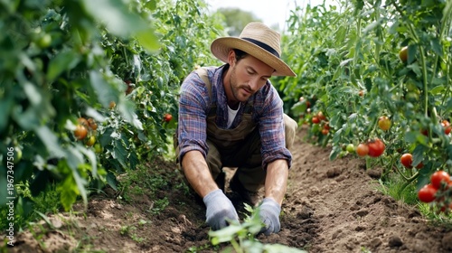 Gardener Works in Vegetable Field Planting Seeds Among Green Tomato Plants in...