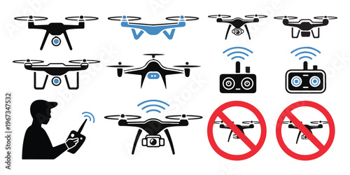 Collection of drone icons and illustrations for technology and aviation themes
