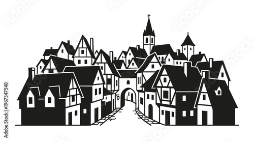 Detailed Silhouette Illustration of an Old European Town with Traditional Buildings and a Church on an isolated white background