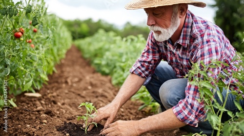 Gardener Plants Tomatoes in Field During Daytime in Summer Season in Rural Area