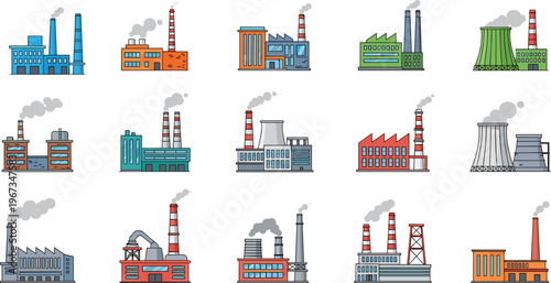 Industrial factory buildings icon set with smokestacks, power plants and manufacturing facilities, flat vector collection of industrial infrastructure and production plants