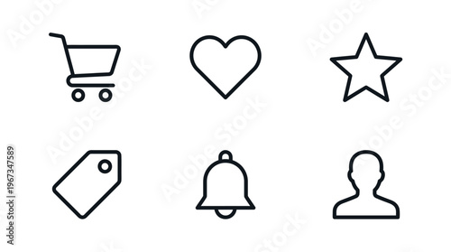 Set of E-commerce and Social Media Outline Icons in Black, including Shopping Cart, Heart, Star, Bell, and User Profile, on an isolated white background, conveying online interaction.