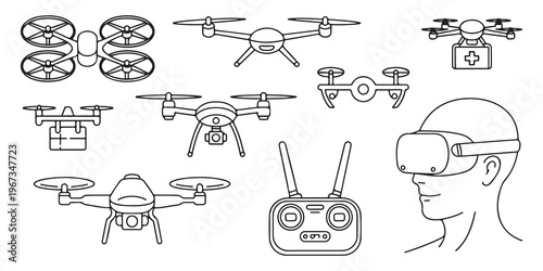 Outline drone technology set including quadcopters delivery drones remote control and person wearing vr headset