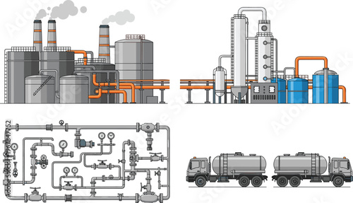 Industrial refinery plant with pipelines, storage tanks, control valves, fuel tanker trucks, petrochemical manufacturing infrastructure, detailed vector illustration isolated background