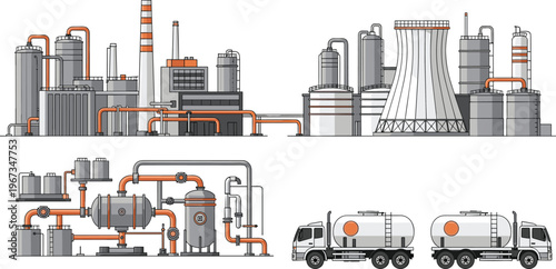 Industrial refinery factory with storage tanks, pipelines, cooling towers, fuel tanker trucks, petrochemical plant infrastructure, manufacturing facility vector illustration isolated background