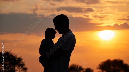 Father Holds Child During Sunset in Outdoor Setting