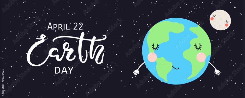 Fototapeta premium Earth, Moon with cute face in space on starry background. . Cartoon character. Earth day, environment protection, sustainability awareness. Hand drawn flat vector illustration, design element
