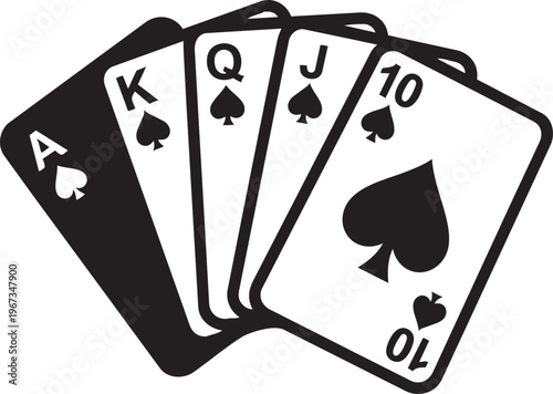 A winning royal flush of hearts and spades with poker chips on a white background captures the high stakes of a casino gambling game for leisure and betting