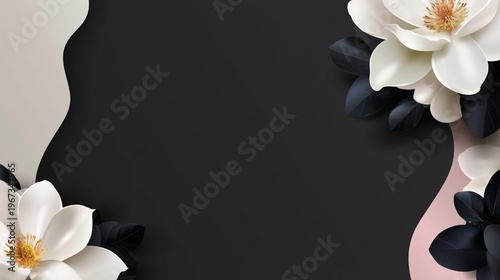 Floral Design With White Flowers and Black Leaves on Dark Background in Moder...