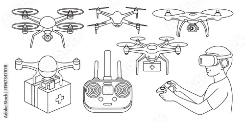 Collection of outline illustrations featuring drones, remote control, and a person with VR headset
