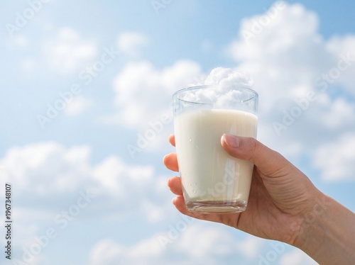 Refreshing summer drink glass of milk held against a beautiful blue sky with fluffy clouds ideal for quenching thirst in sunny weather
