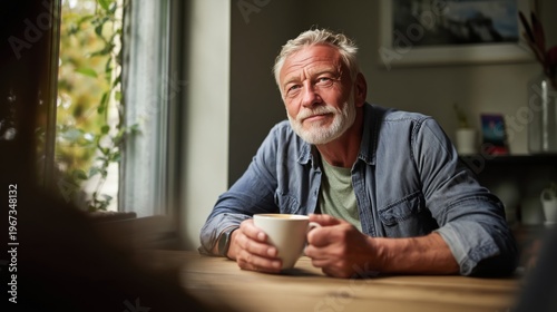 Smiling Man Enjoys Coffee at Home in Morning Light While Sitting at a Wooden ...