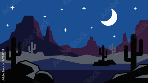 Desert Night Landscape with Cacti, Mountains, Moon, and Stars in Flat Design