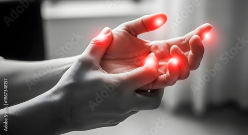 Finger joint pain and rheumatoid arthritis symptoms. Hand numbness and tingling sensation. Person touching aching fingers with red glowing spots indicating inflammation and injury