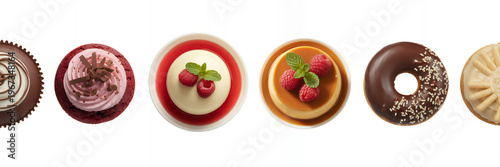 Assorted cupcakes and donuts on white cheesecake raspberries chocolate