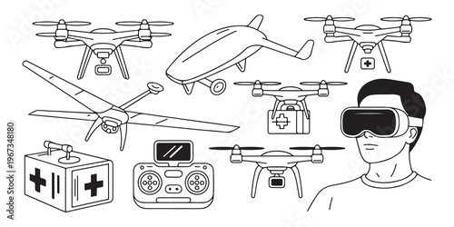 Variety of drone models, a medical box, different controllers, and a person wearing a VR headset