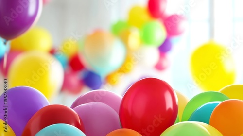 Colorful Balloons Fill the Space for a Celebration in a Bright Room During Da...