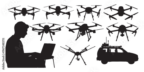 Drone collection silhouettes, person with laptop, and service vehicle