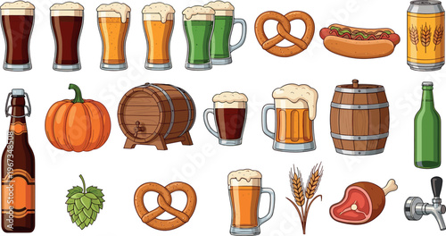 Beer and Oktoberfest Illustration Set with Beer Glasses Barrels Pretzel Sausage Hop Wheat and Brewery Elements Collection for Festival Beverage and Vector Design.