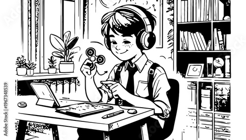 A young boy wearing headphones plays with a fidget spinner at his desk