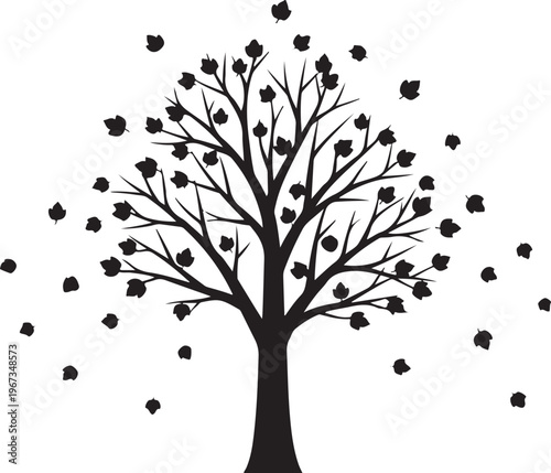 Black silhouette tree with falling leaves on white background