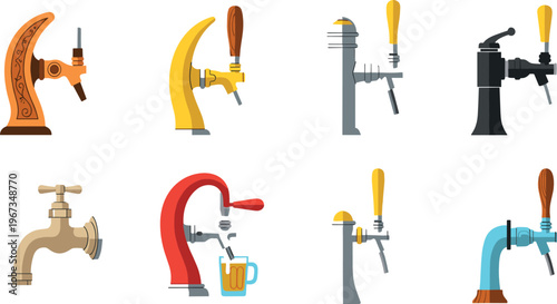 Beer Tap and Faucet Illustration Set with Draft Beer Dispenser Handles and Water Tap Fixtures Collection for Bar Equipment Plumbing and Beverage Vector Design.