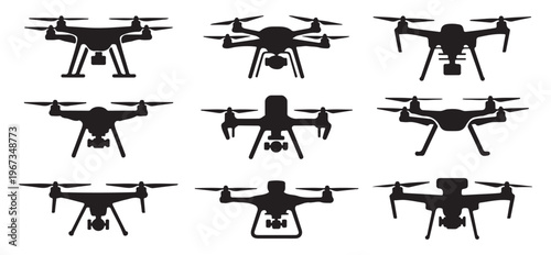 Modern drone silhouettes icon collection for aerial photography and remote control flight vector illustrations